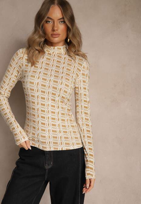Biało-Beżowa Bluzka Longsleeve z Golfem z Bawełny w Geometryczny Print Zadanevia