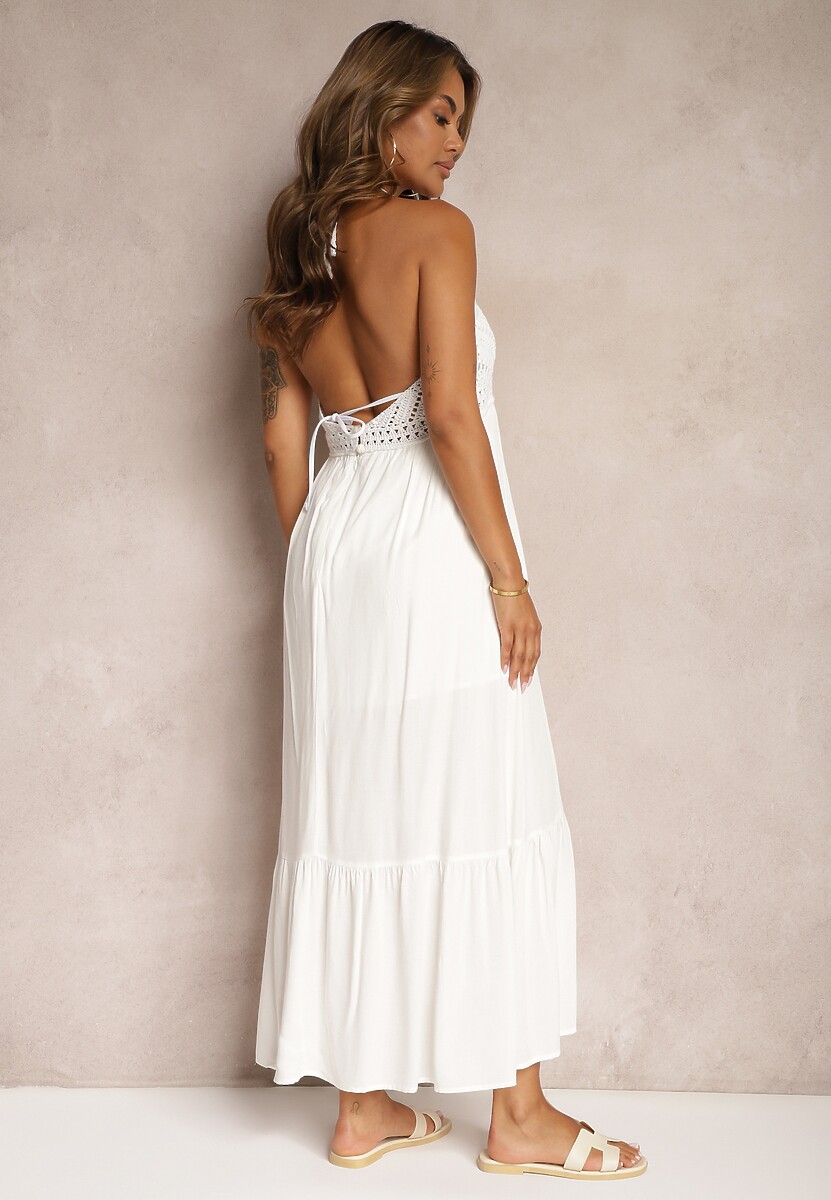 Biała Sukienka Boho Rozkloszowana z Wiskozy Risalenne