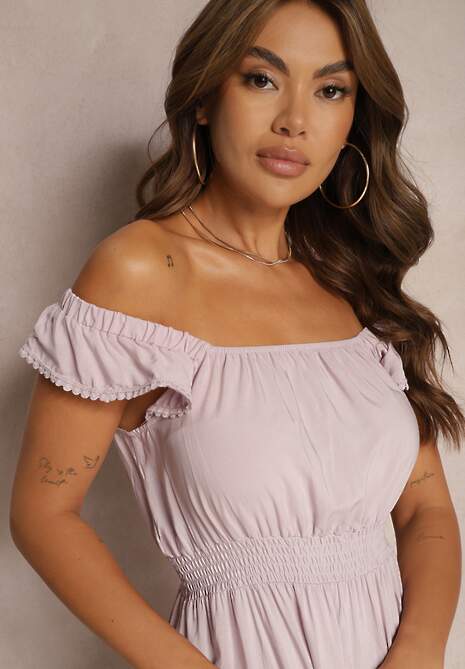 Jasnofioletowa Rozkloszowana Sukienka z Bawełną i Wiskozą Wykończona Falbankami i Gumką w Talii Imvia