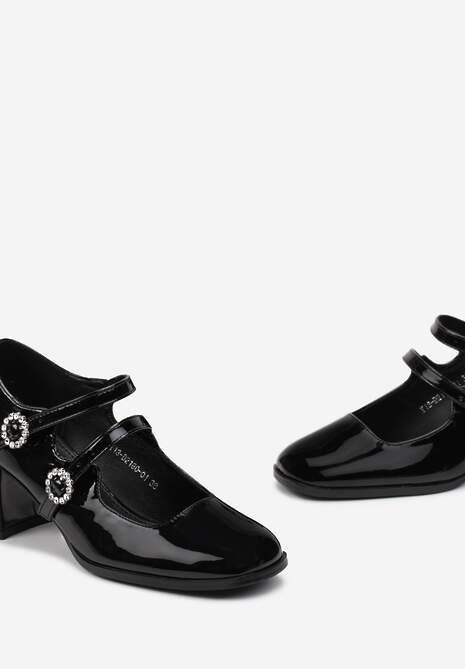 Czarne Lakierowane Czółenka na Słupku z Paskami i Klamerkami w Cyrkonie Nadiam