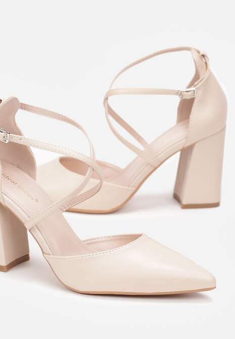 Beżowe Czółenka na Słupku ze Sprzączką i Szpiczastym Noskiem Crossmel