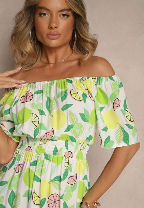 Zielona Sukienka Typu Hiszpanka z Bawełną ze Wzorem Cytrusów Aprona