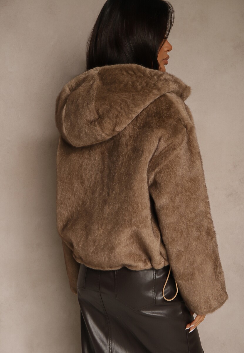 Brązowa Kurtka Futerko Typu Teddy z Nieodpinanym Kapturem Lanikka