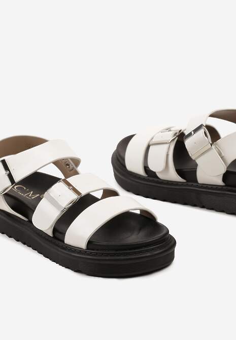 Białe Płaskie Sandały na Zapinane na Sprzączkę Mealla