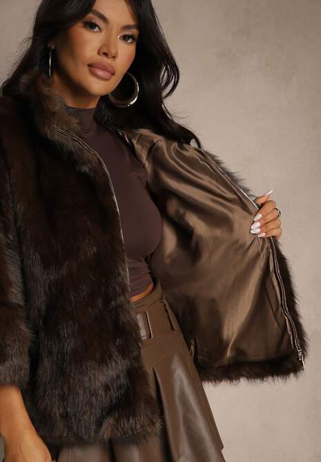 Brązowa Kurtka Futerko z Kołnierzem i Szerokimi Rękawami 3/4 Zapinana na Suwak Clauda