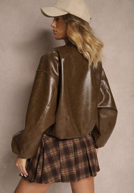 Brązowa Kurtka Bomberka z Wiskozą z Imitacji Skóry Erivessa