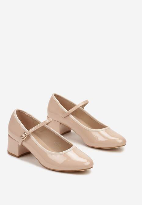 Beżowe Półbuty Lakierowane na Słupku Mary Jane Zapinane na Sprzączkę Timaree