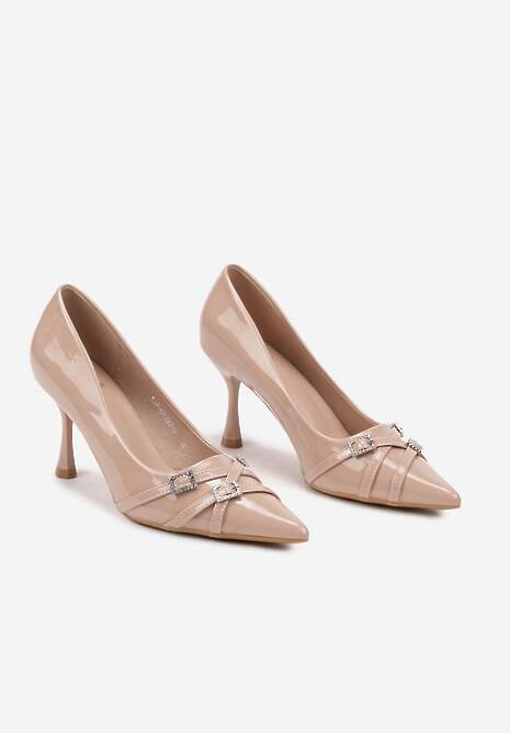 Beżowe Szpilki Lakierowane z Klamrami na Paskach Betirya