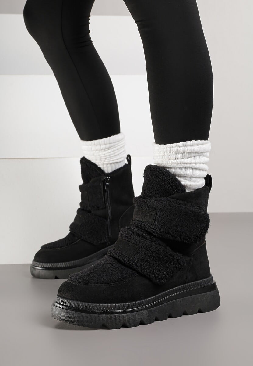 Czarne Botki Typu Śniegowce na Platformie z Dwoma Ozdobnymi Rzepami Edarlia