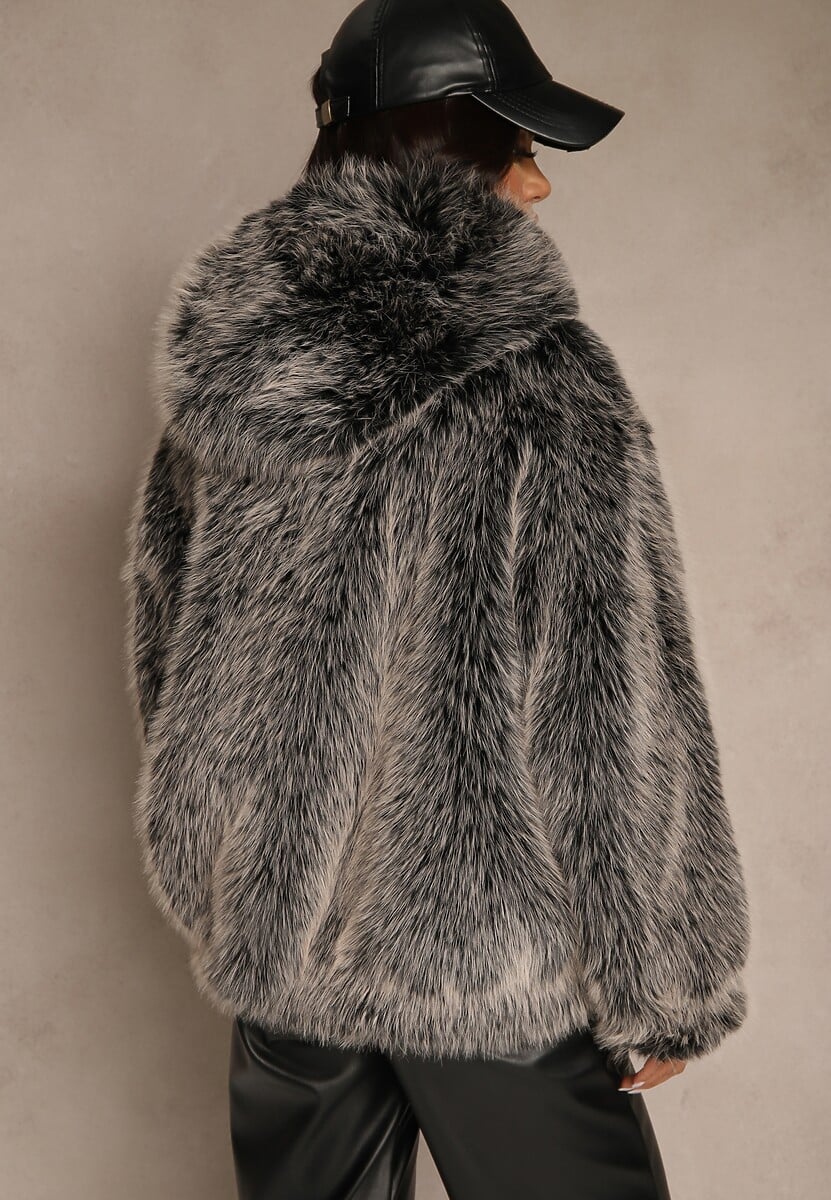 Szara Kurtka Futerko z Nieodpinanym Kapturem Laninea