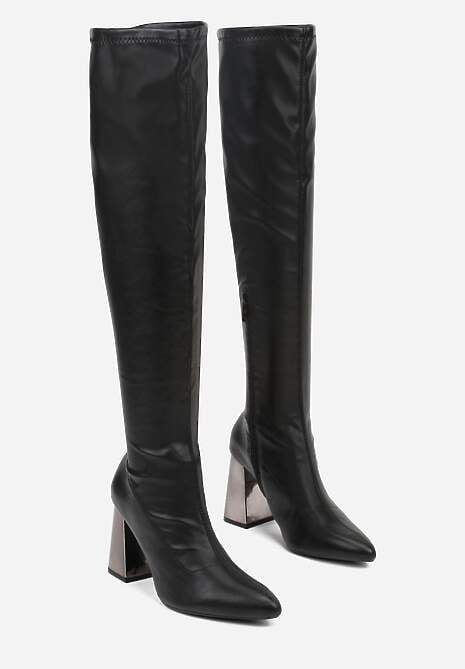 Czarne Dopasowane Kozaki Vices za Kolano na Metalicznym Słupku Todvira