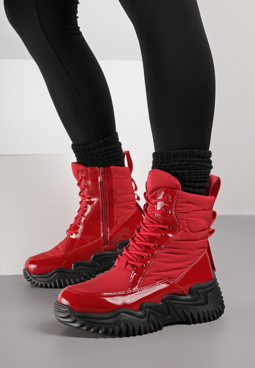 Czerwone Śniegowce VICES ze Sznurowaną Cholewką i Tłoczoną Platformą Reinavia