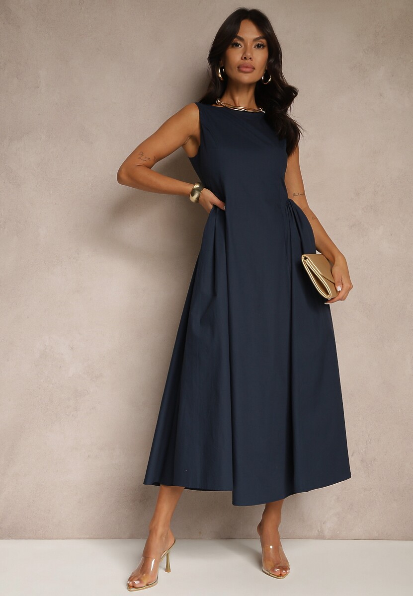 Czarna Rozkloszowana Sukienka Koktajlowa z Bawełny z Dekoltem Łódką i Kieszeniami Fanilra