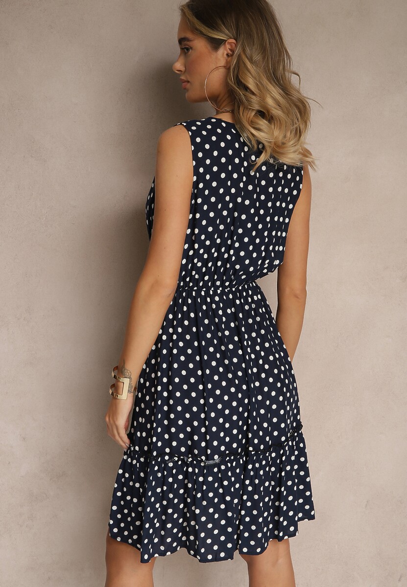 Granatowa Rozkloszowana Sukienka z Bawełną i Wiskozą ze Wzorem Kropek Lilamora