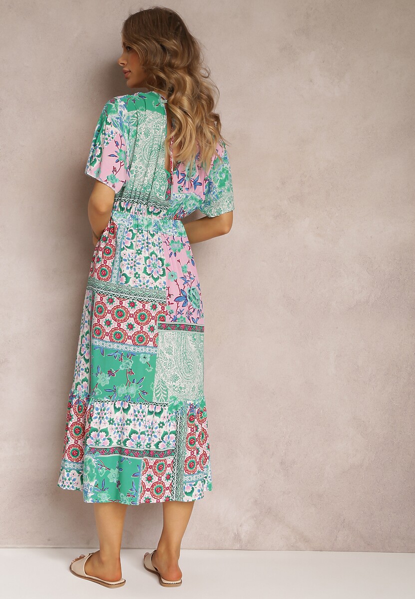 Zielono-Różowa Wiskozowa Sukienka Midi w Kwiaty z Gumką w Pasie Roslyna