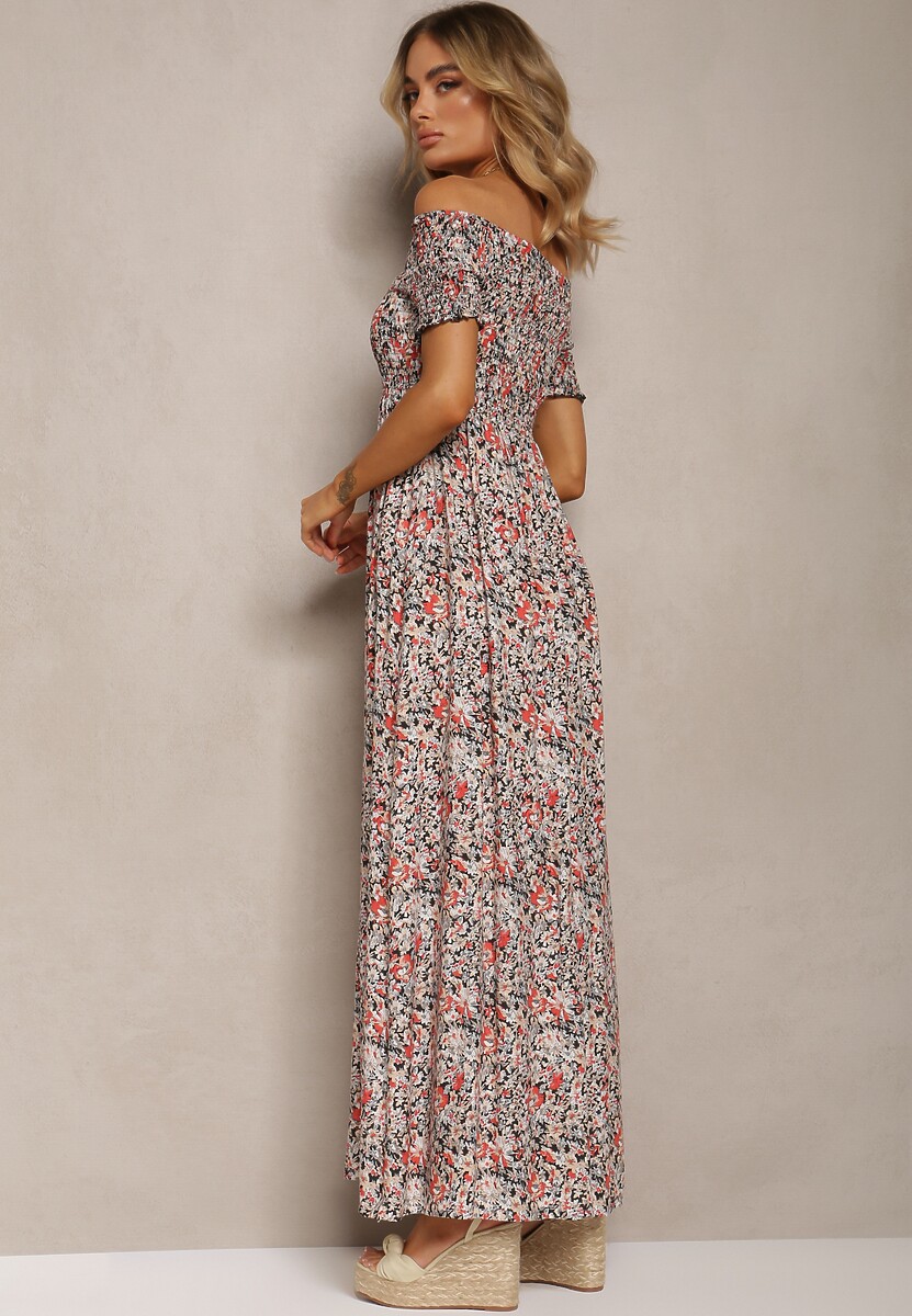 Czarno-Różowa  Długa Sukienka Bawełniana Hiszpanka w Kwiatowy Wzór Nrosa