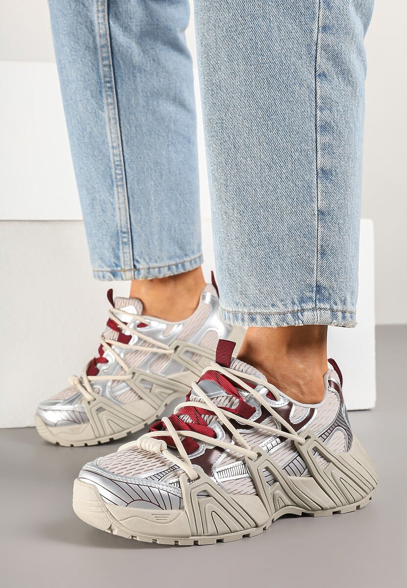 Srebrne Sneakersy z Designerskim Sznurowaniem Nuritha