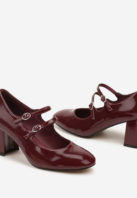 Bordowe Czółenka Lakierowane na Słupku Ozdobione Paskami i kwadratowym Noskiem Jalabine