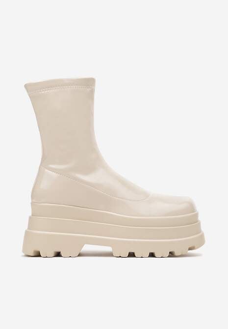 Beżowe Botki Lakierowane na Platformie Neniefra