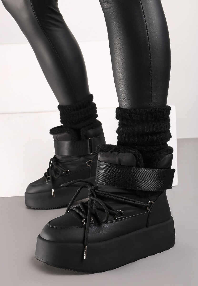 Czarne Śniegowce na Wysokiej Platformie z Futerkiem i Zapięciem na Rzep Norielia