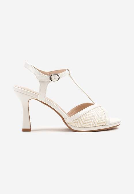 Białe Tweedowe Sandały na Obcasie Zapinane na Pasek z Klamerką Tilliviera