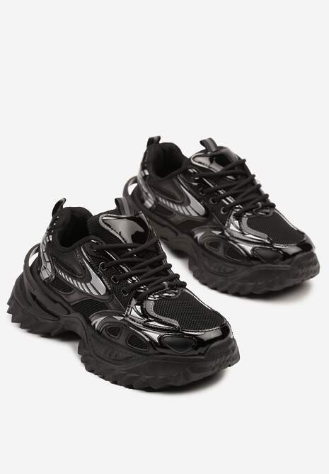 Czarne Sneakersy na Platformie z Tłoczeniem i Siateczkowymi Wstawkami Galoria