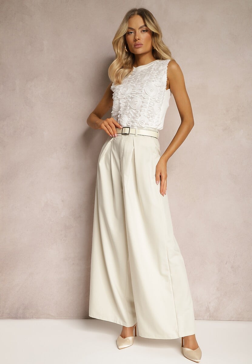 Czarne Szerokie Spodnie w Stylu Palazzo z Paskiem Detalia