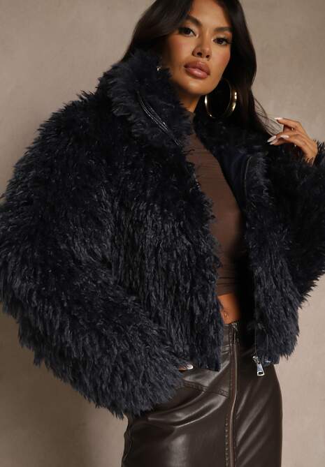 Granatowa Puszysta Kurtka Futerko Cropped z Wysokim Kołnierzem Lanarea