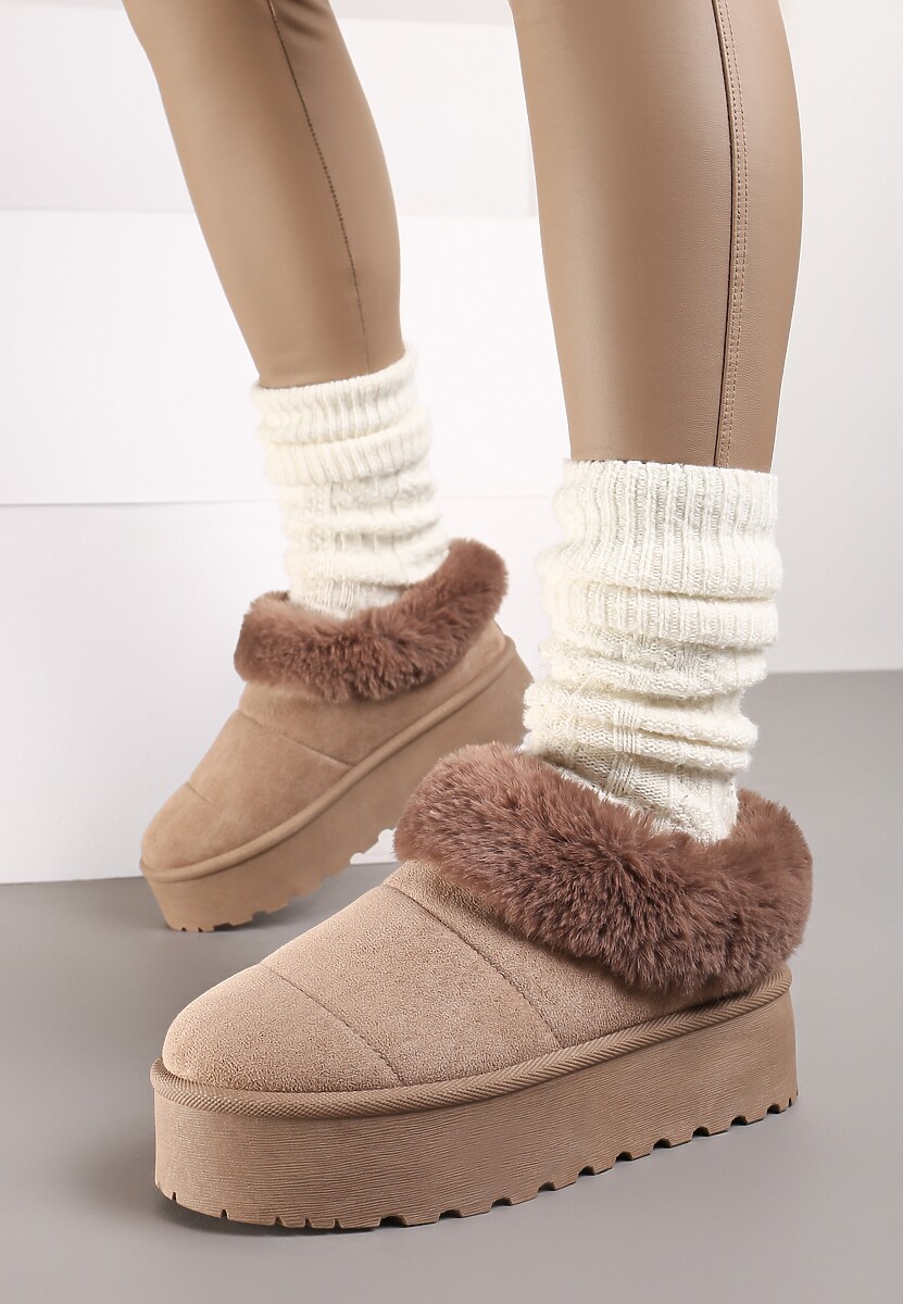 Ciemnobeżowe Śniegowce na Grubej Podeszwie z Ociepleniem z Futerka Tirisha