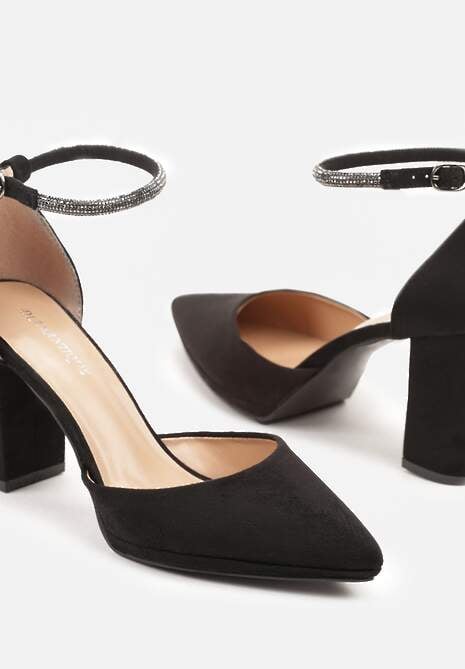 Czarne Klasyczne Czółenka z Ekozamszu na Słupku ze Szpiczastym Noskiem Nusilina