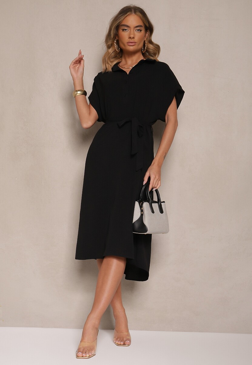 Czarna Pudełkowa Sukienka z Bawełną i Paskiem Savorienne
