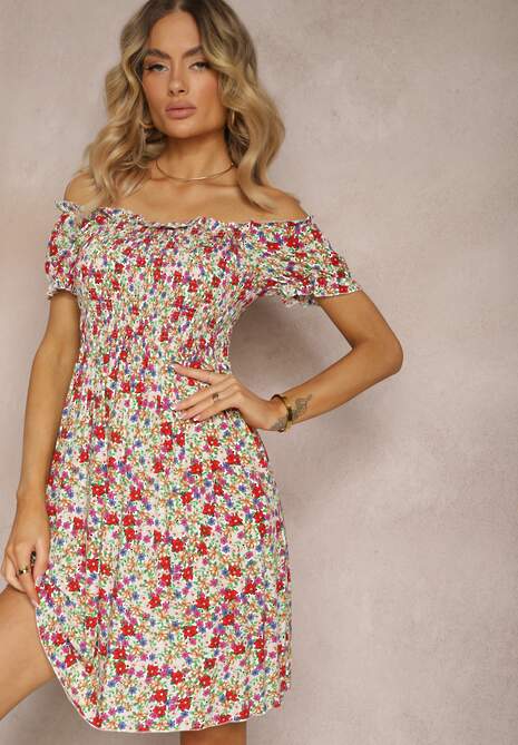 Biało-Różowa Hiszpanka Sukienka z Wiskozy w Kwiatowy Wzór z Gumką w Pasie Silemia