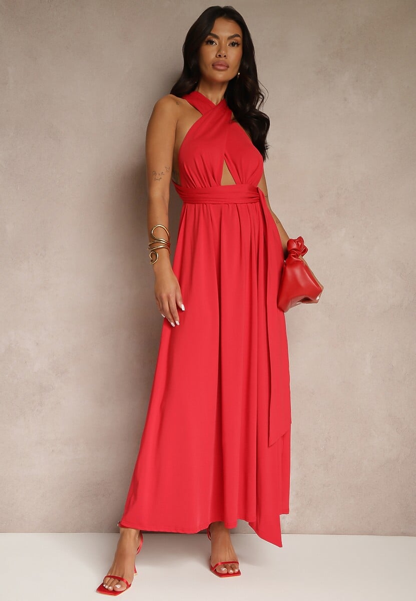 Bordowa Sukienka Koktajlowa Multiway z Wiskozą Wiązana na Szyi Lilovea