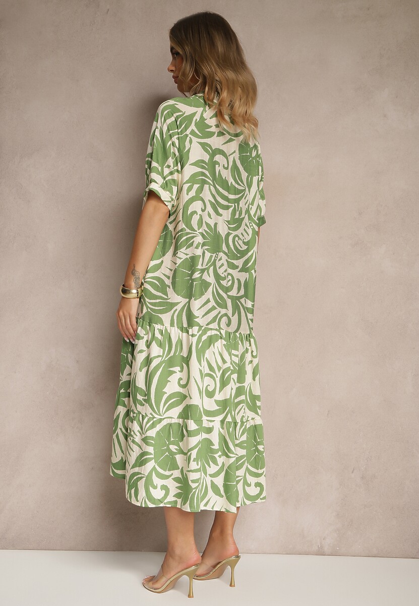 Zielona Rozkloszowana Sukienka z Wiskozy Ozdobiona Falbaną Filesenia