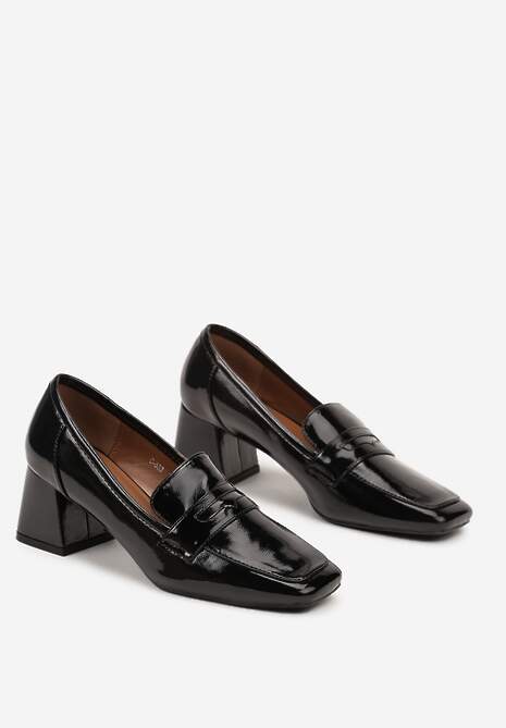 Czarne Półbuty Lakierowane na Słupku Ozdobione Kwadratowym Noskiem i Paskiem Rivara