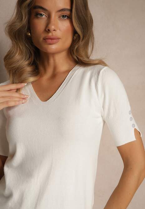 Biała Bluzka z Dzianiny z Dekoltem w Kształcie Litery V Fenelesa