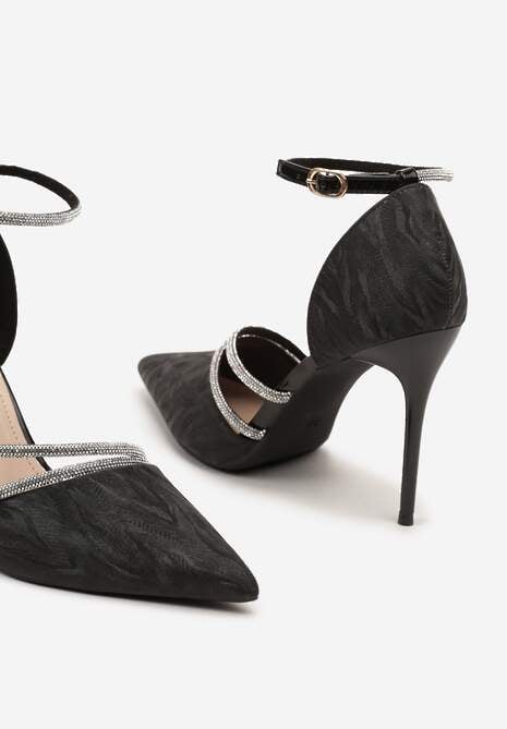 Czarne Szpilki z Paskami z Cyrkoniami Wykończone Błyszczącą Nitką Aletiepa