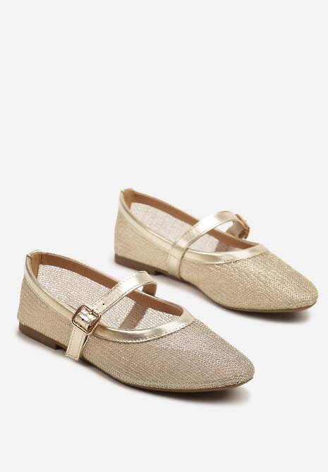 Złote Balerinki Vices w Stylu Mary Jane z Siateczki z Metalicznym Połyskiem Kolarilia