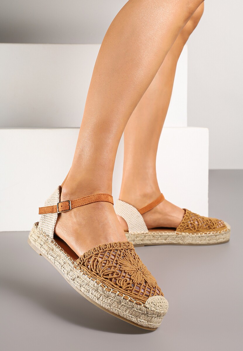 Brązowe Ażurowe Sandały Espadryle Ozdobione Plecionką Ralarelle