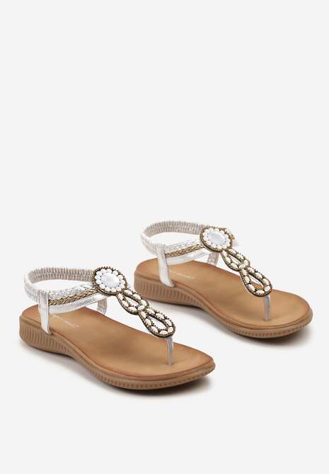 Srebrne Sandały z Wkładką z Imitacji Skóry na Płaskiej Podeszwie z Ozdobnymi Cyrkoniami Wira