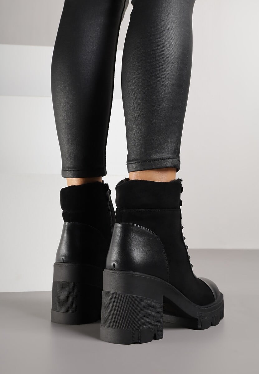 Czarne Botki na Obcasie z Platformą Ozdobione Wstawkami Ezilda