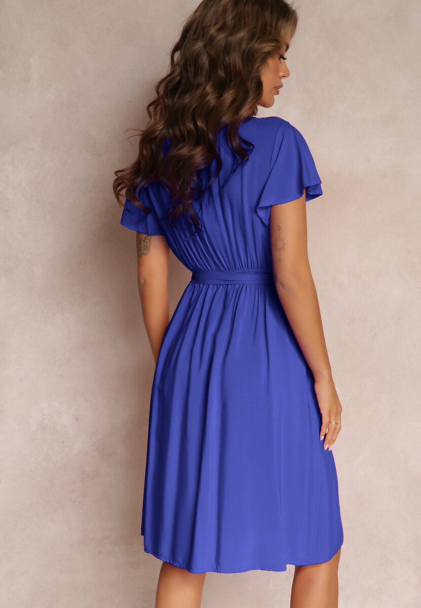 Granatowa Rozkloszowana Sukienka Midi z Wiązanym Paskiem Elemia