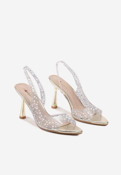 Złote Sandały Szpilki z Odkrytą Piętą i Noskiem z Cyrkoniami Efaliana