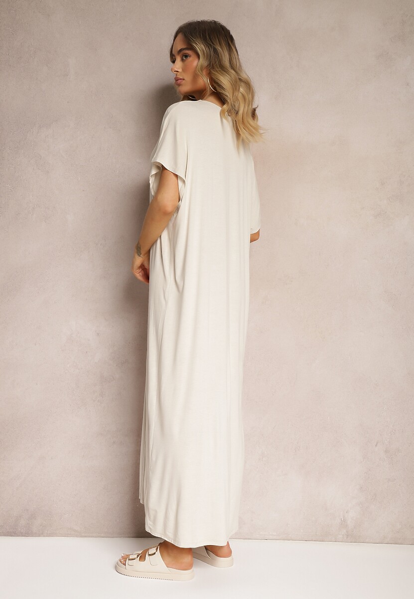 Beżowa Pudełkowa Sukienka z Wiskozy z Rozcięciem Vimoray