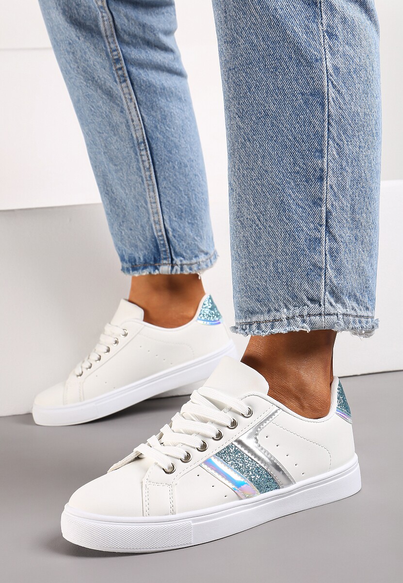Biało-Niebieskie Casualowe Sneakersy z Brokatem i Metalicznym Zdobieniem Tidalis