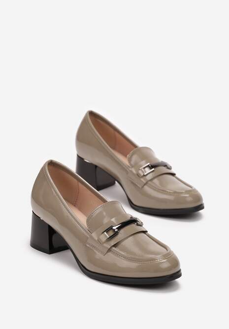 Szare Lakierowane Półbuty na Słupku ze Skórzaną Wkładką Grevna