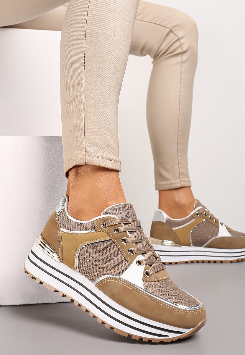 Ciemnobeżowe Sneakersy z Brokatową Dzianinową Wstawką Atobia