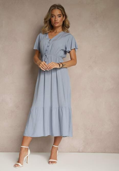 Niebieska Rozkloszowana Sukienka z Bawełny Zdobiona Guzikami Folennea