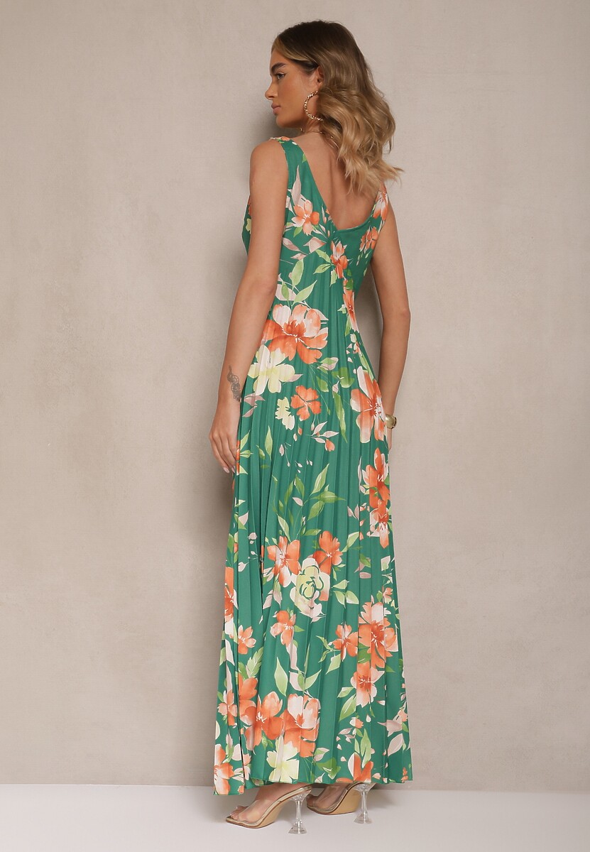 Ciemnozielona Plisowana Sukienka o Rozkloszowanym Fasonie na Szerokich Ramiączkach Nitanela