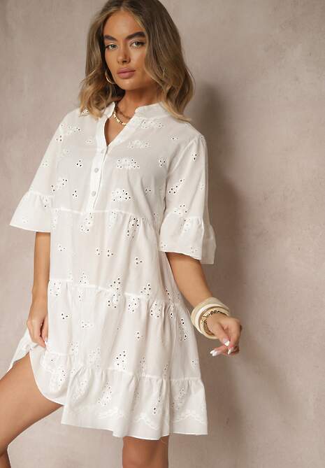 Biała Rozkloszowana Sukienka Koszulowa z Bawełny Zdobiona Haftem i Falbanami Filarosa